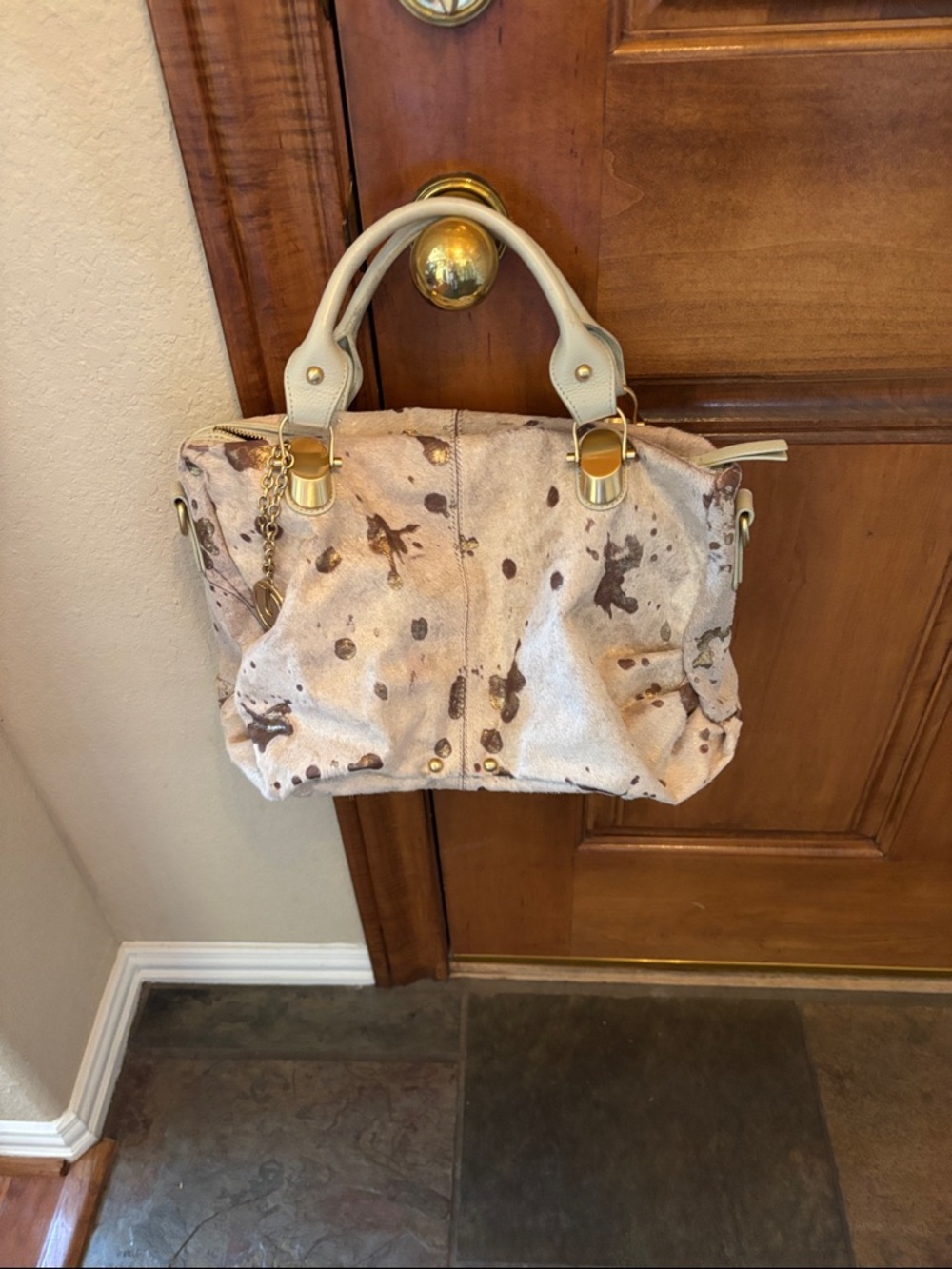 Charles Jourdan Beige & Gold Splatter Cafe Hair Satchel Bag - Women's Handbag